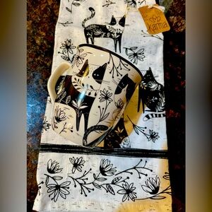 Black and white cat mug and dish towel set